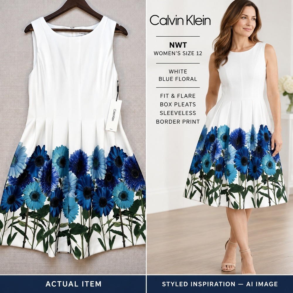 NWT Calvin Klein Size 12 White Sleeveless Dress Blue Daisy Floral Border Print